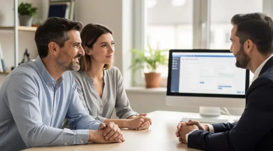 Couple trentenaire discutant financement immobilier avec conseiller dans bureau lumineux à Bordeaux