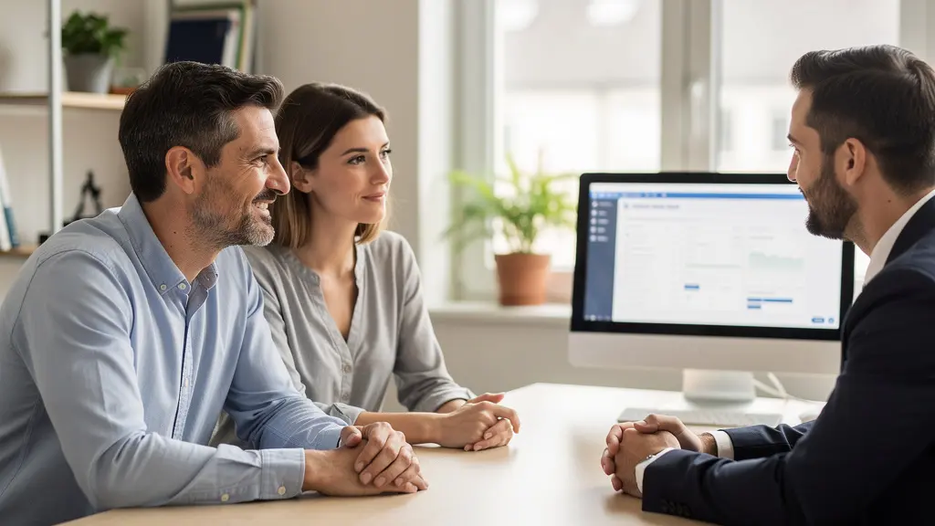 Couple trentenaire discutant financement immobilier avec conseiller dans bureau lumineux à Bordeaux