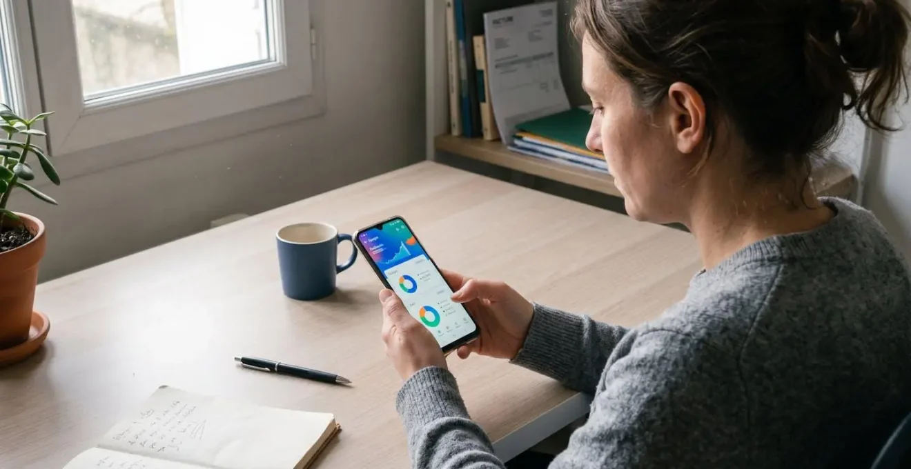 Intérieur d'une agence bancaire française contemporaine vide, avec un bureau de conseil en bois clair, des chaises confortables et de grandes fenêtres laissant entrer la lumière naturelle