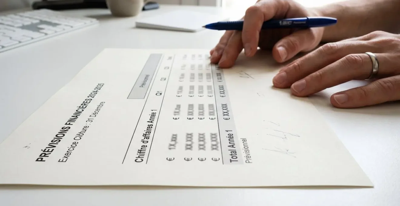 Gros plan sur une feuille de prévisionnel financier avec la ligne Chiffre d'affaires Année 1 en mise au point nette, une main tenant un stylo en arrière-plan flouté