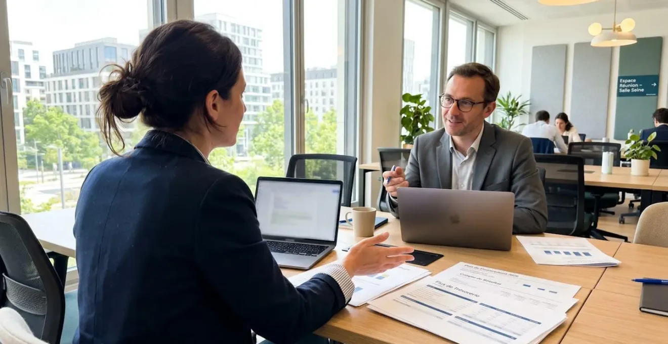 Un entrepreneur vu de dos discute avec un conseiller bancaire dans un bureau moderne lumineux, des documents financiers posés sur la table entre eux