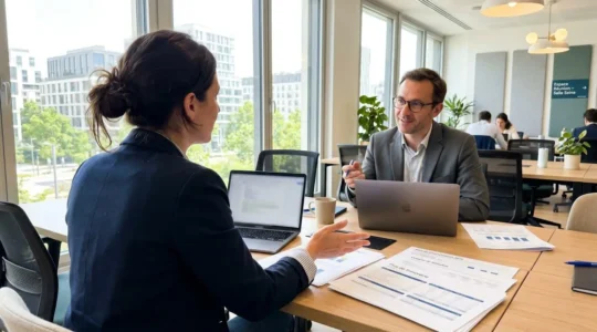 Un entrepreneur vu de dos discute avec un conseiller bancaire dans un bureau moderne lumineux, des documents financiers posés sur la table entre eux
