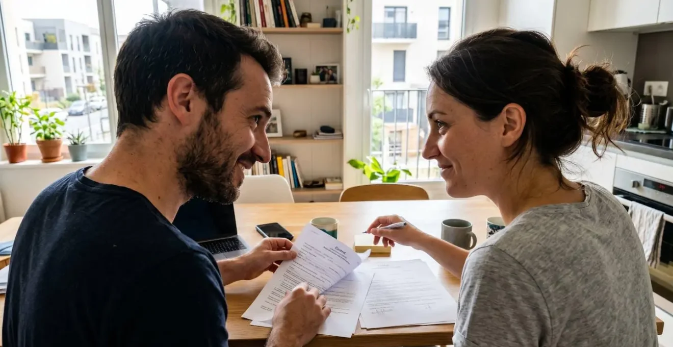 Un jeune couple assis à une table consulte ensemble des documents de crédit immobilier, échangeant un regard complice en tournant une page