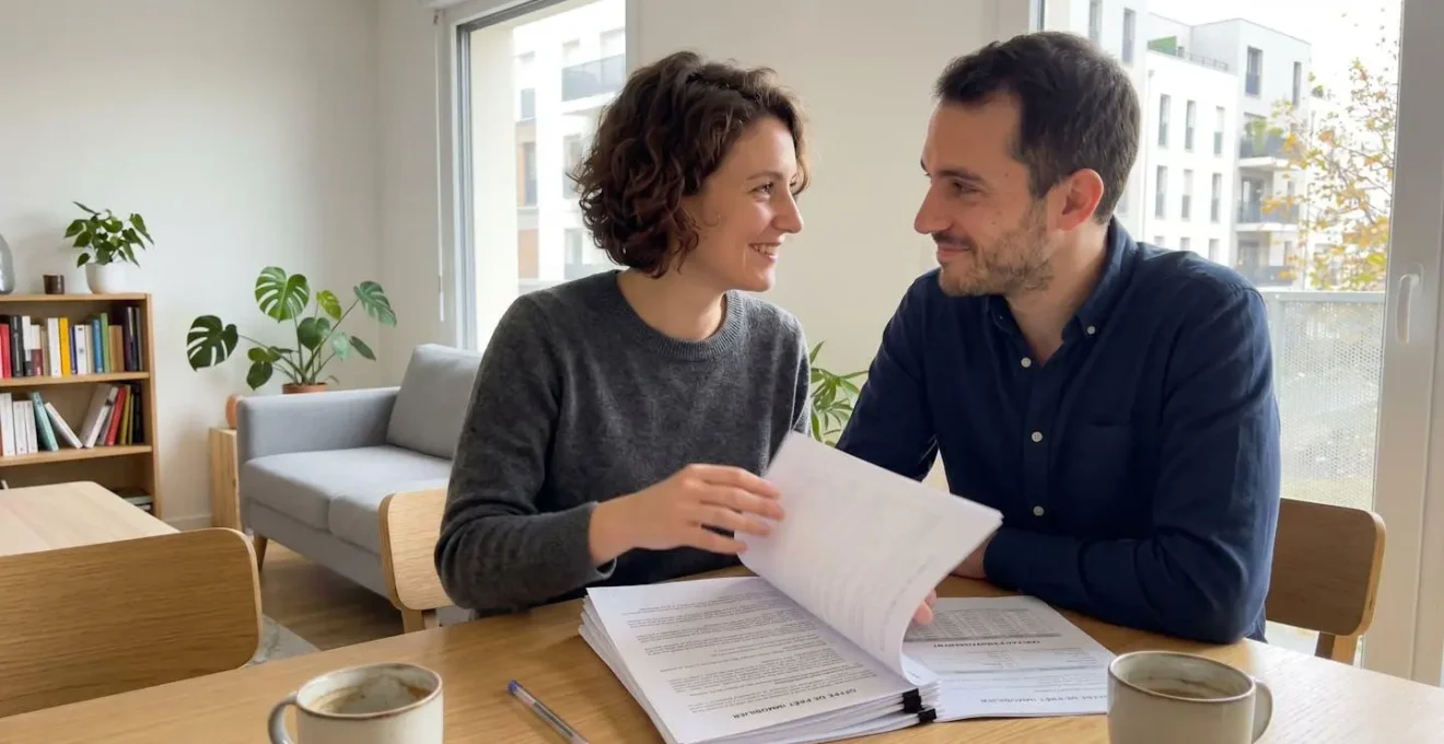 Un jeune couple assis à une table consulte ensemble des documents de crédit immobilier, échangeant un regard complice en tournant une page