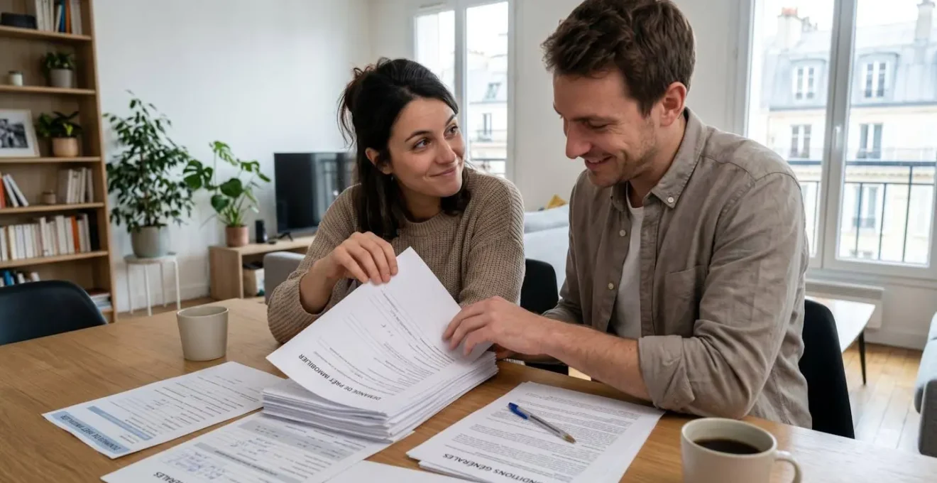 Un jeune couple assis à une table consulte ensemble des documents de crédit immobilier, échangeant un regard complice en tournant une page