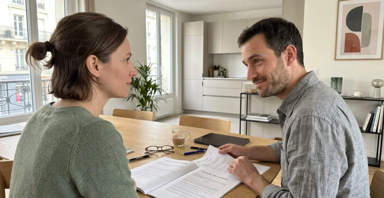 Un jeune couple assis à une table consulte ensemble des documents de crédit immobilier, échangeant un regard complice en tournant une page