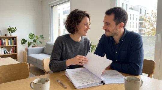 Un jeune couple assis à une table consulte ensemble des documents de crédit immobilier, échangeant un regard complice en tournant une page