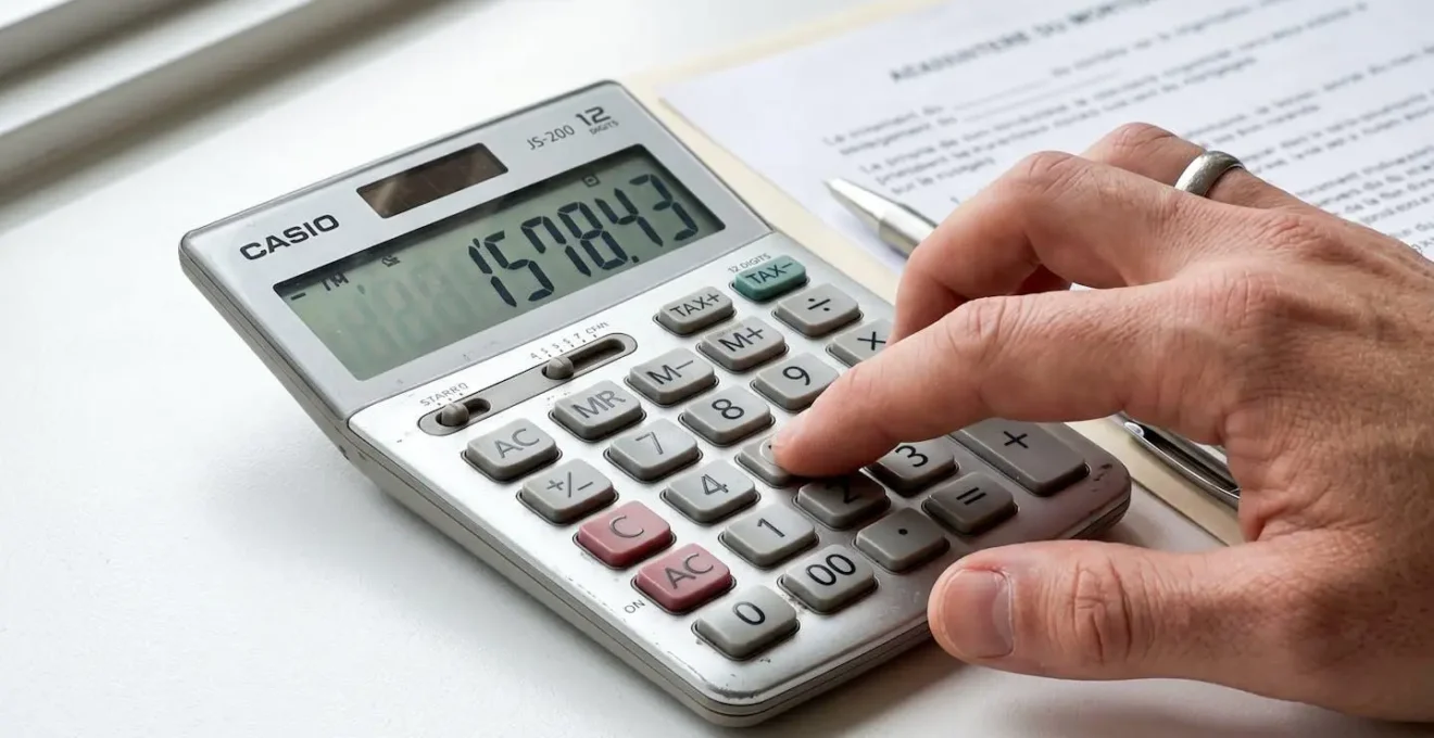 Gros plan sur une main utilisant une calculatrice moderne posée à côté d'une feuille de taux de crédit immobilier, avec un arrière-plan flouté