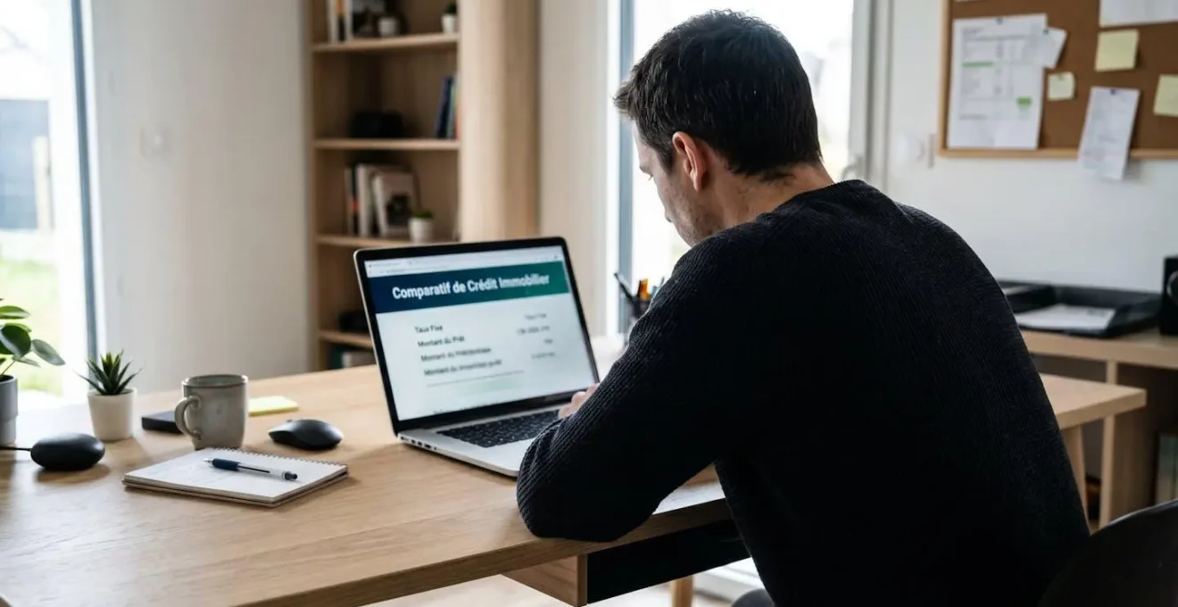 Vue arrière d'une personne concentrée devant un écran d'ordinateur portable affichant une interface de comparateur de taux de crédit légèrement floutée