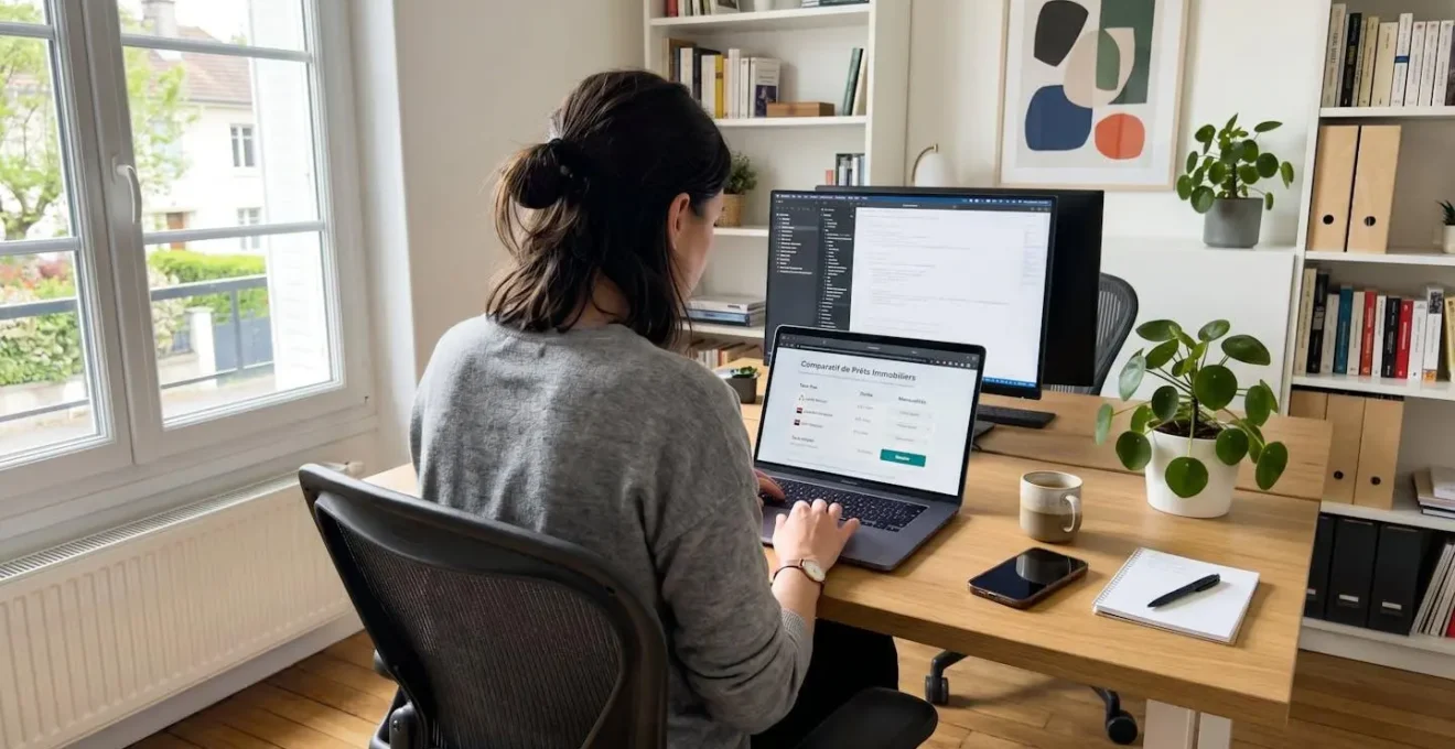 Vue arrière d'une personne concentrée devant un écran d'ordinateur portable affichant une interface de comparateur de taux de crédit légèrement floutée