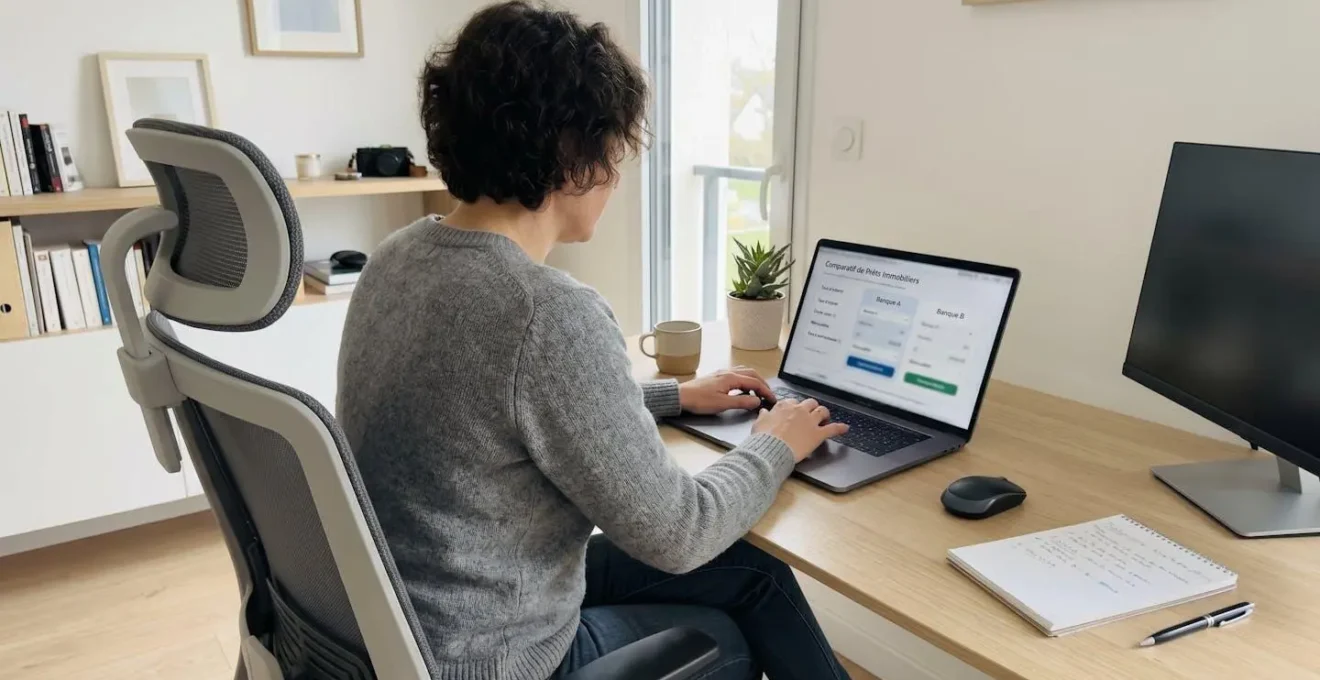 Vue arrière d'une personne concentrée devant un écran d'ordinateur portable affichant une interface de comparateur de taux de crédit légèrement floutée