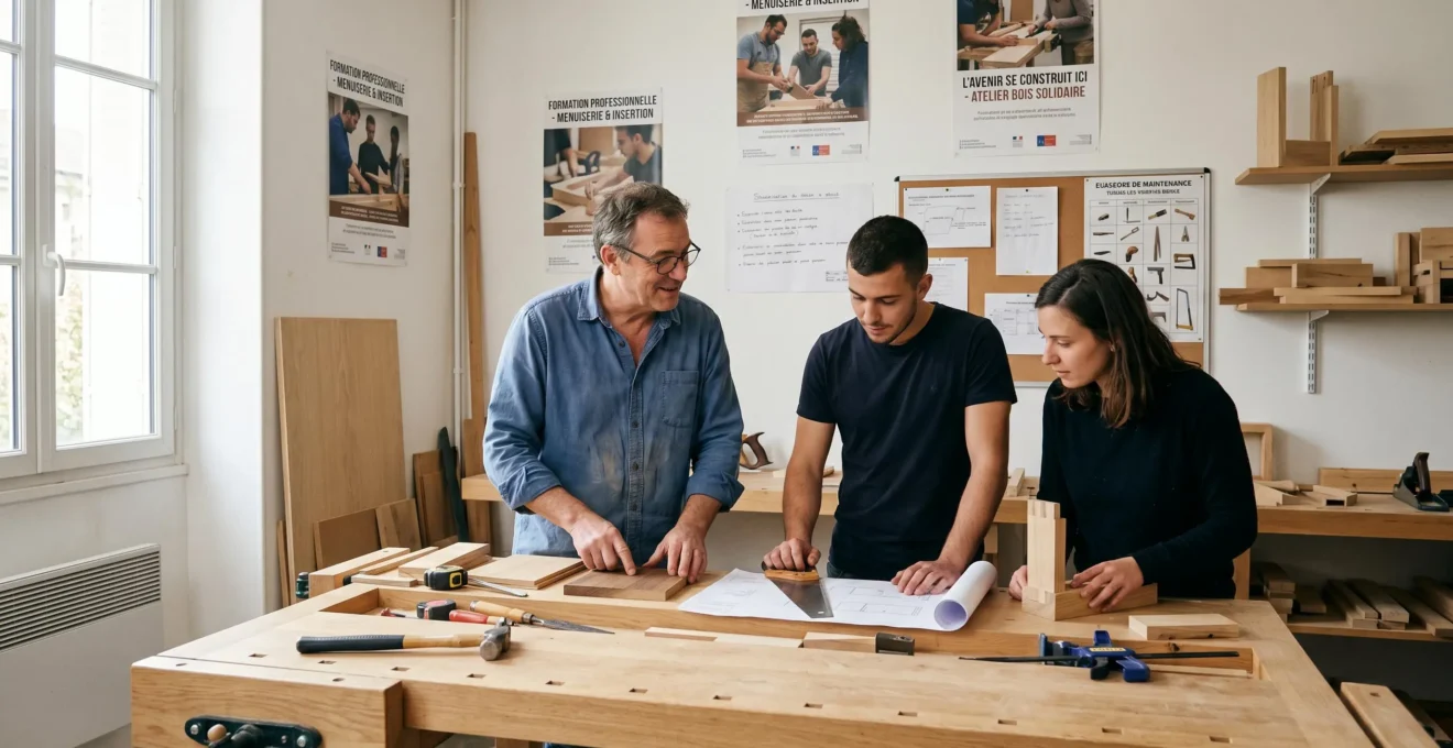 Formateur accompagnant deux jeunes adultes dans un atelier d'insertion professionnelle soutenu par les dons issus de l'épargne de partage