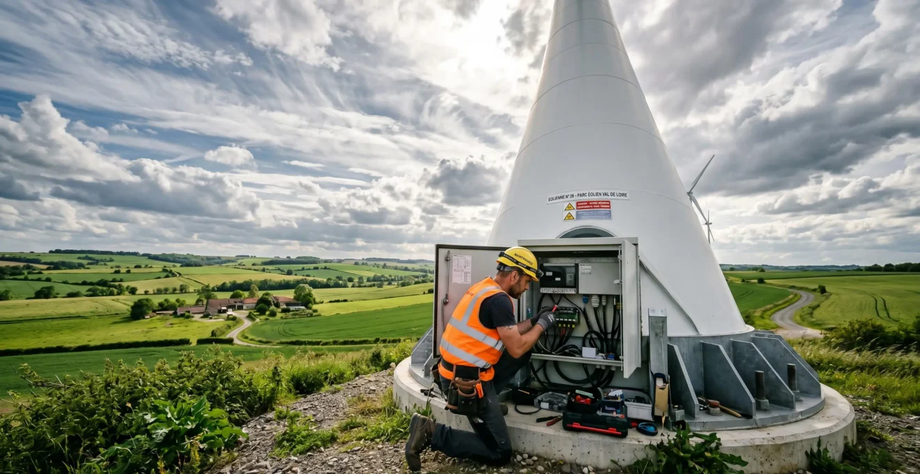Technicien inspectant une éolienne dans un parc d'énergie renouvelable financé par l'épargne solidaire en France
