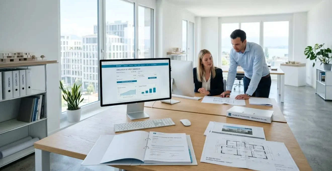 Bureau d'agence immobilière moderne avec documents de crédit, plans d'architecte et écran d'ordinateur affichant un simulateur de prêt immobilier
