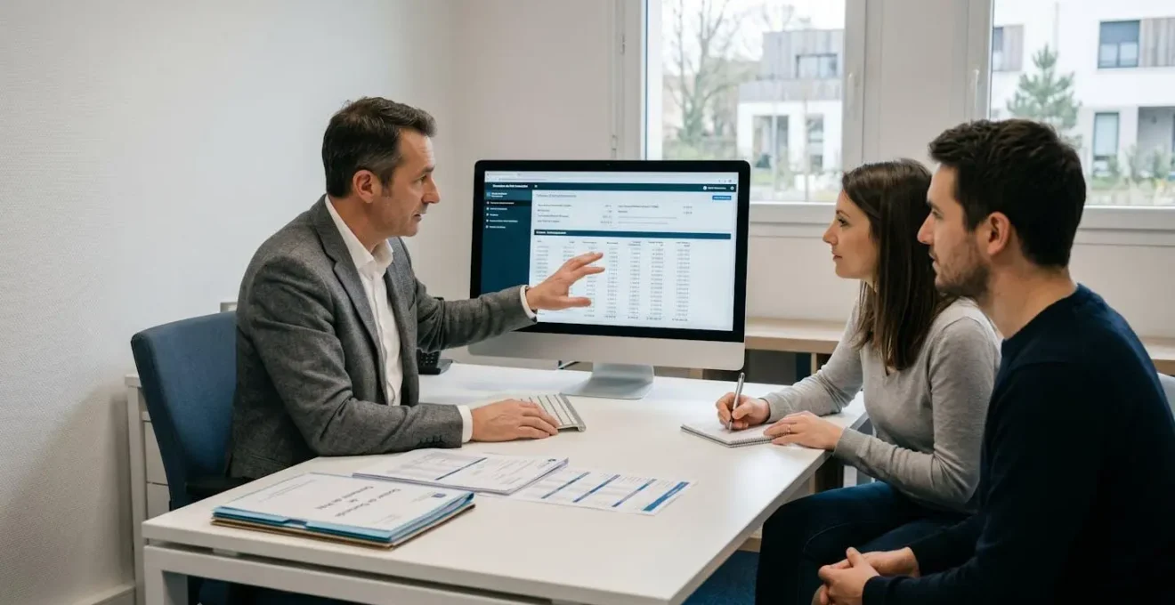 Conseiller financier présentant des simulations de coût de crédit immobilier sur écran d'ordinateur dans un bureau moderne