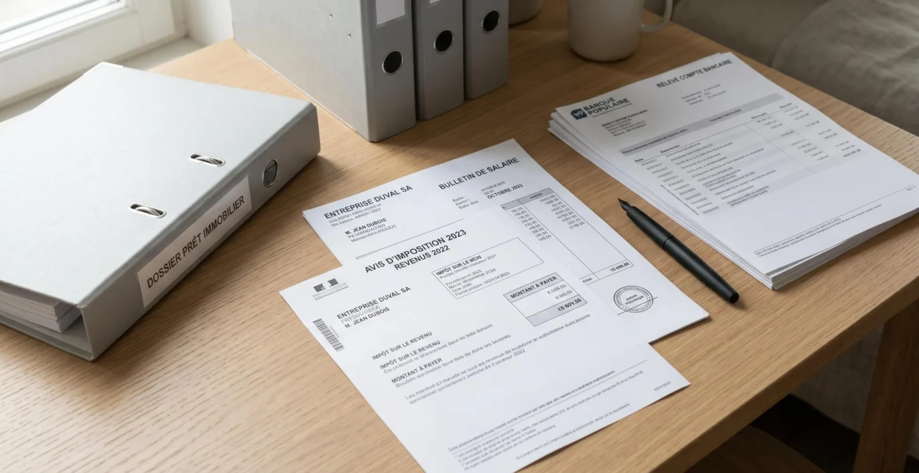 Documents de crédit immobilier soigneusement organisés incluant bulletins de salaire, avis d'imposition et justificatifs financiers