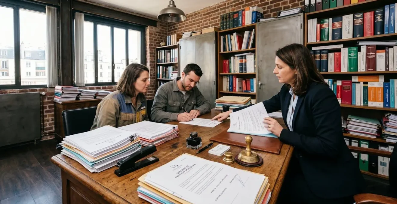 Signature de contrat d'acquisition immobilière dans une étude de notaire avec documents juridiques officiels