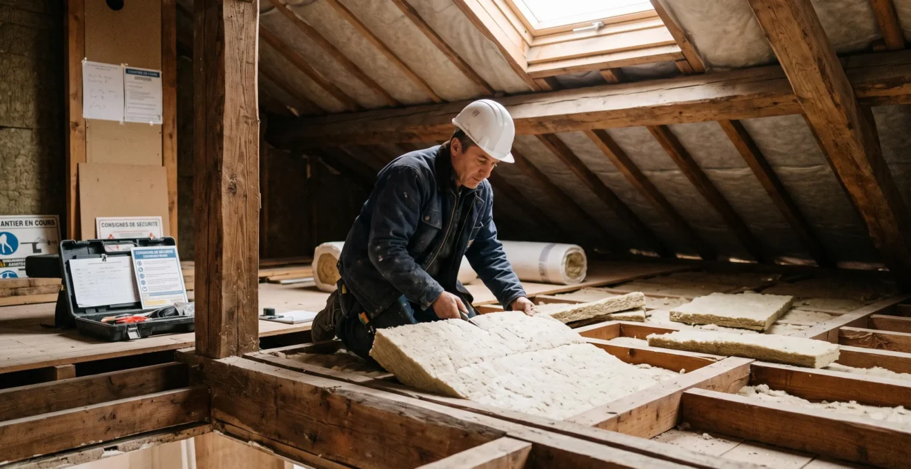 Artisan certifié RGE installant des panneaux d'isolation thermique écologique dans des combles, lumière naturelle par lucarne, chantier propre et organisé