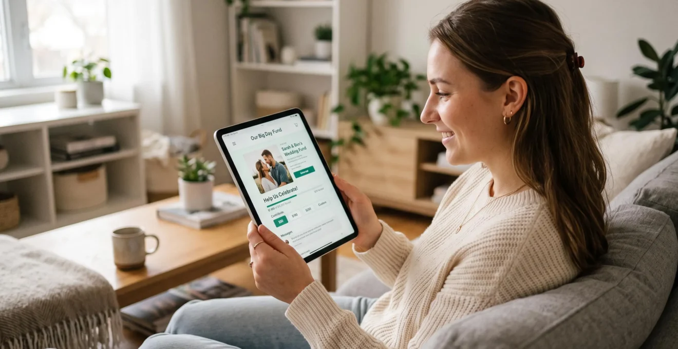 Personne consultant sur une tablette une interface de cagnotte en ligne pour le financement participatif d'un mariage