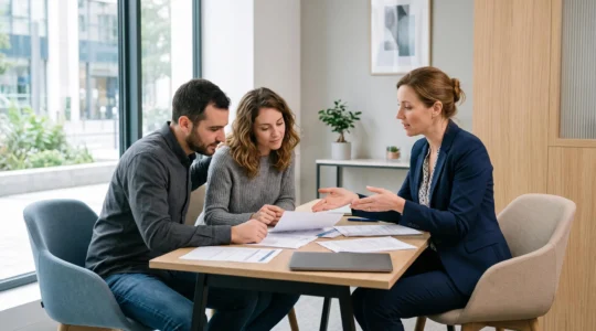 Un conseiller financier accompagne un jeune couple lors d'une consultation sur le crédit à la consommation dans un bureau bancaire moderne