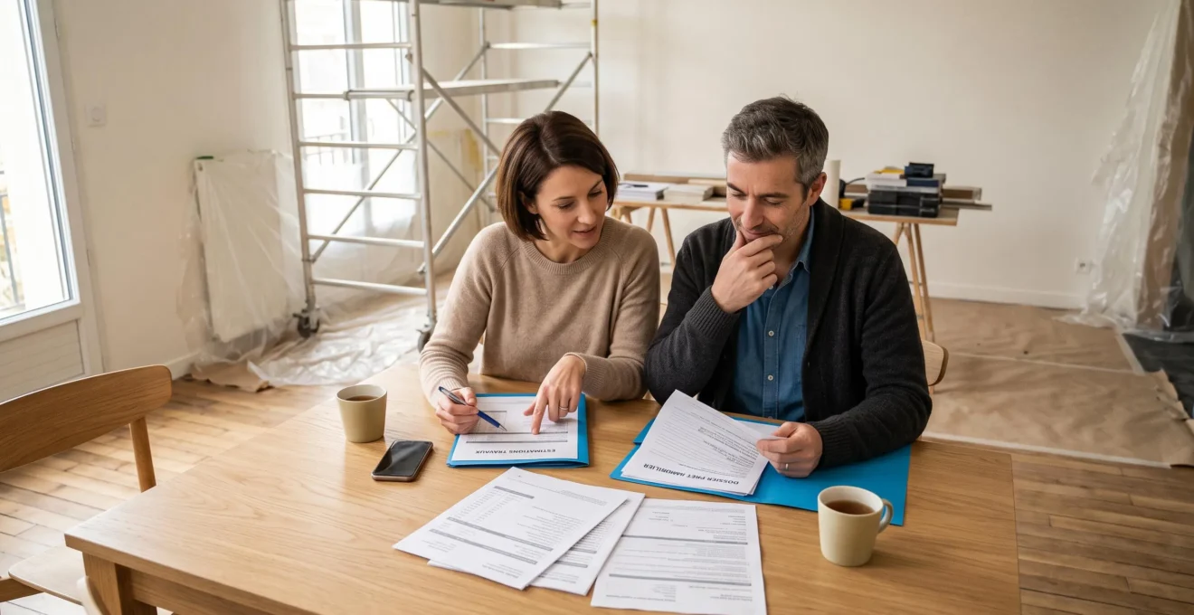 Couple de propriétaires consultant des documents de prêt travaux et devis d'artisans à une table dans leur salon en cours de rénovation, lumière naturelle, ambiance sereine