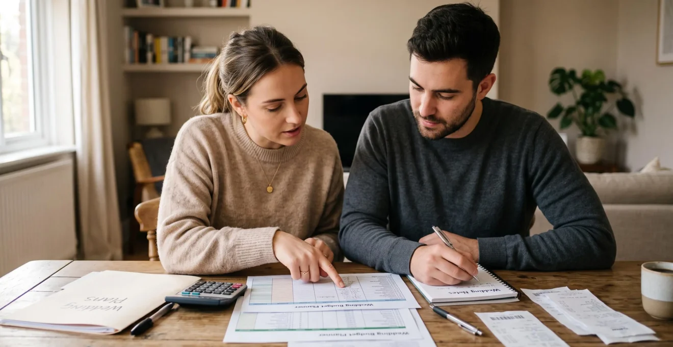 Jeune couple assis à une table consulte des documents de budget et de planification financière pour leur mariage dans un environnement domestique