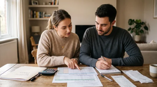Jeune couple assis à une table consulte des documents de budget et de planification financière pour leur mariage dans un environnement domestique