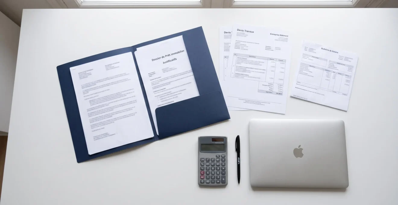 Vue de dessus d'un bureau avec dossier de prêt travaux ouvert, devis artisan, bulletins de salaire, calculatrice et ordinateur portable, composition organisée sur surface blanche
