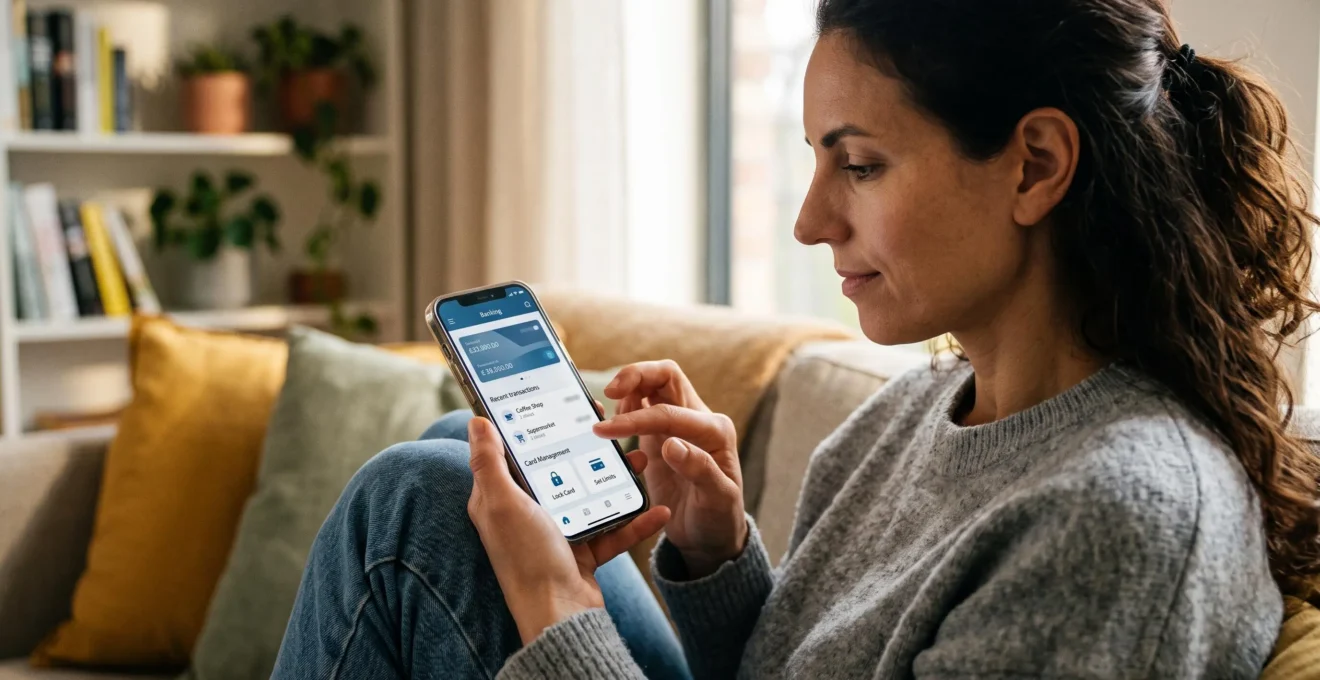 Personne consultant et gérant sa carte bancaire via l'application mobile sur son smartphone dans un environnement domestique