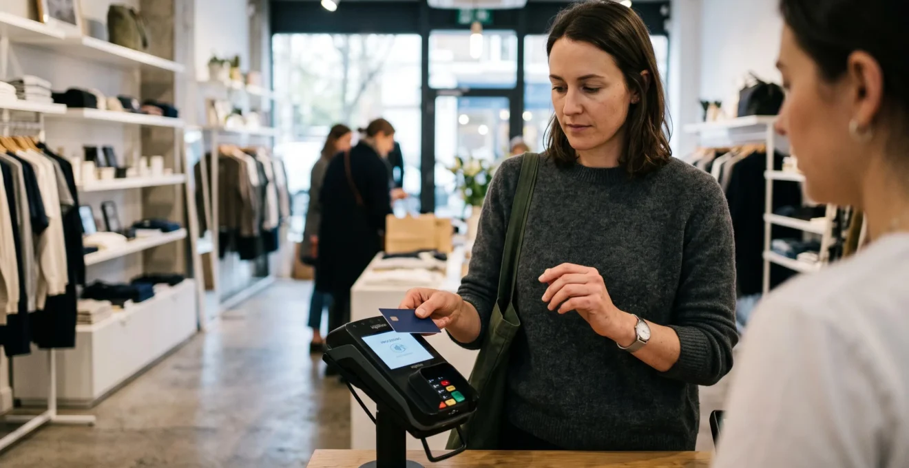 Client effectuant un paiement sans contact avec une carte bancaire sur un terminal de paiement dans un commerce moderne