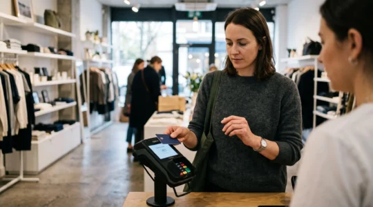 Client effectuant un paiement sans contact avec une carte bancaire sur un terminal de paiement dans un commerce moderne