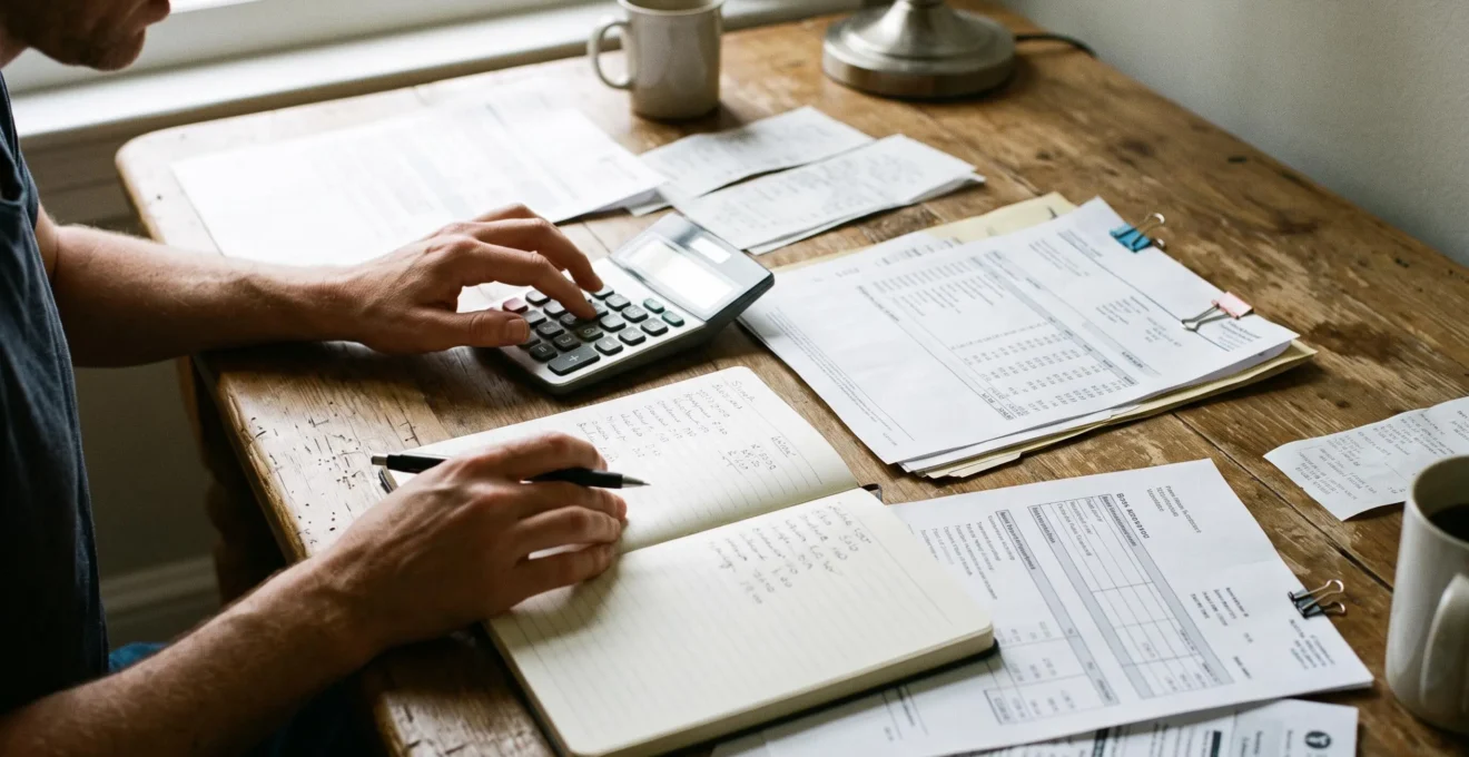 Personne planifiant son budget avec calculatrice et documents financiers sur une table