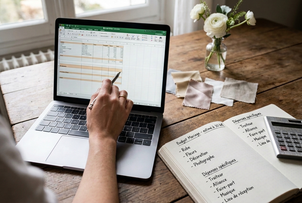 Mains écrivant dans un carnet de budget entouré de documents et devis pour planifier les dépenses d'un mariage