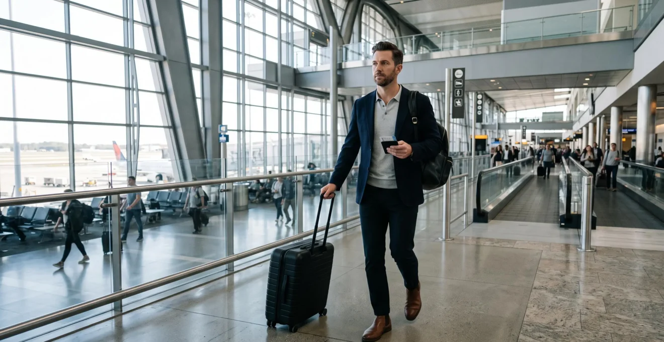Voyageur avec bagage à main traversant un terminal d'aéroport moderne