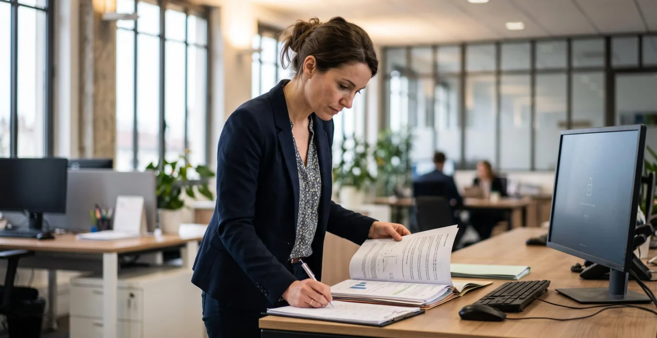 Conseiller bancaire analysant un dossier de prêt immobilier dans un environnement professionnel moderne