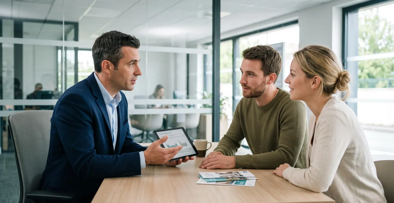 Conseiller bancaire en rendez-vous avec un jeune couple dans une agence bancaire française moderne pour discuter d'un projet de prêt immobilier