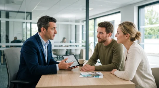 Conseiller bancaire en rendez-vous avec un jeune couple dans une agence bancaire française moderne pour discuter d'un projet de prêt immobilier