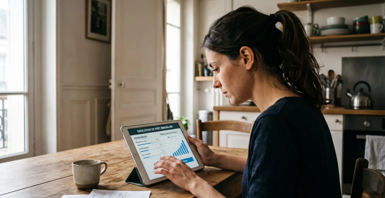 Jeune adulte utilisant une tablette à domicile pour consulter un simulateur de prêt immobilier et calculer sa capacité d'emprunt