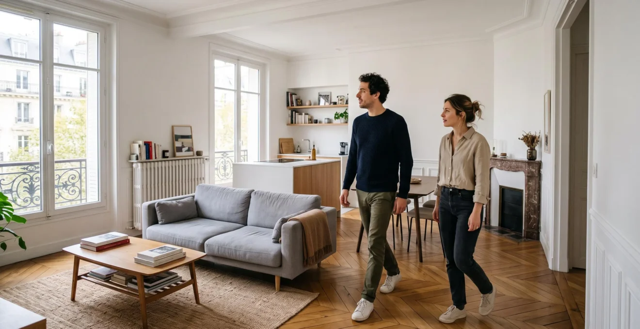 Jeune couple visitant un appartement moderne français dans le cadre de leur projet d'achat immobilier